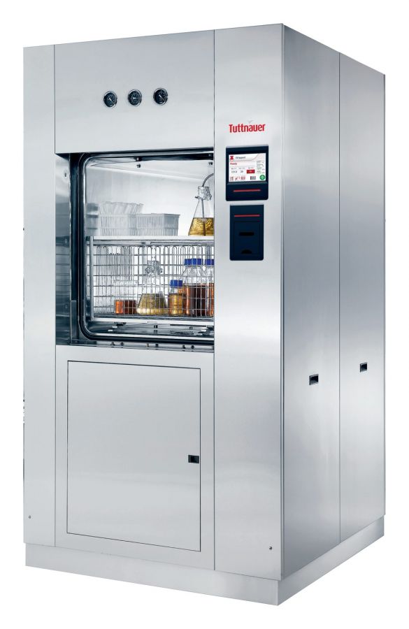 Tuttnauer 66C 430 litre horizontal laboratory autoclave with open vertical sliding door and loaded rack